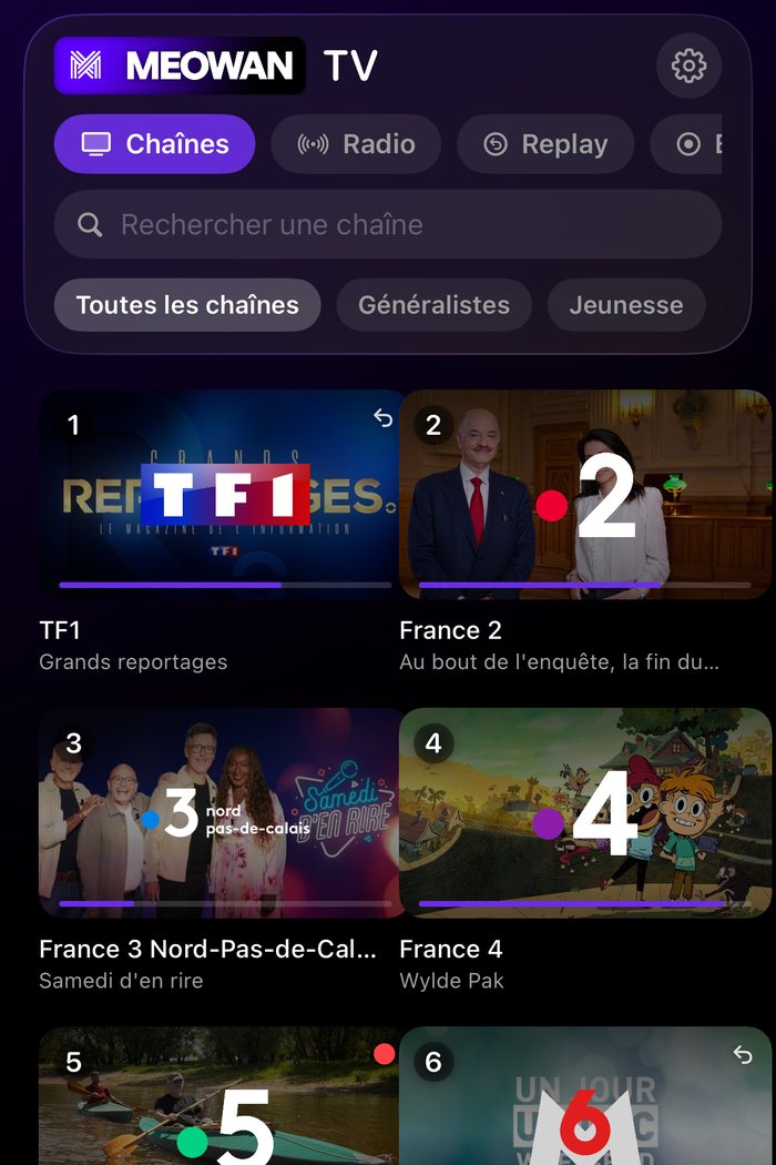 MEOWAN TV sur un iPhone : la liste des chaînes, la recherche et le programme en cours